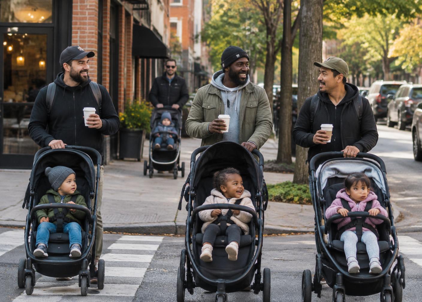Dads walking strollers together on an Avondale-style Chicago street